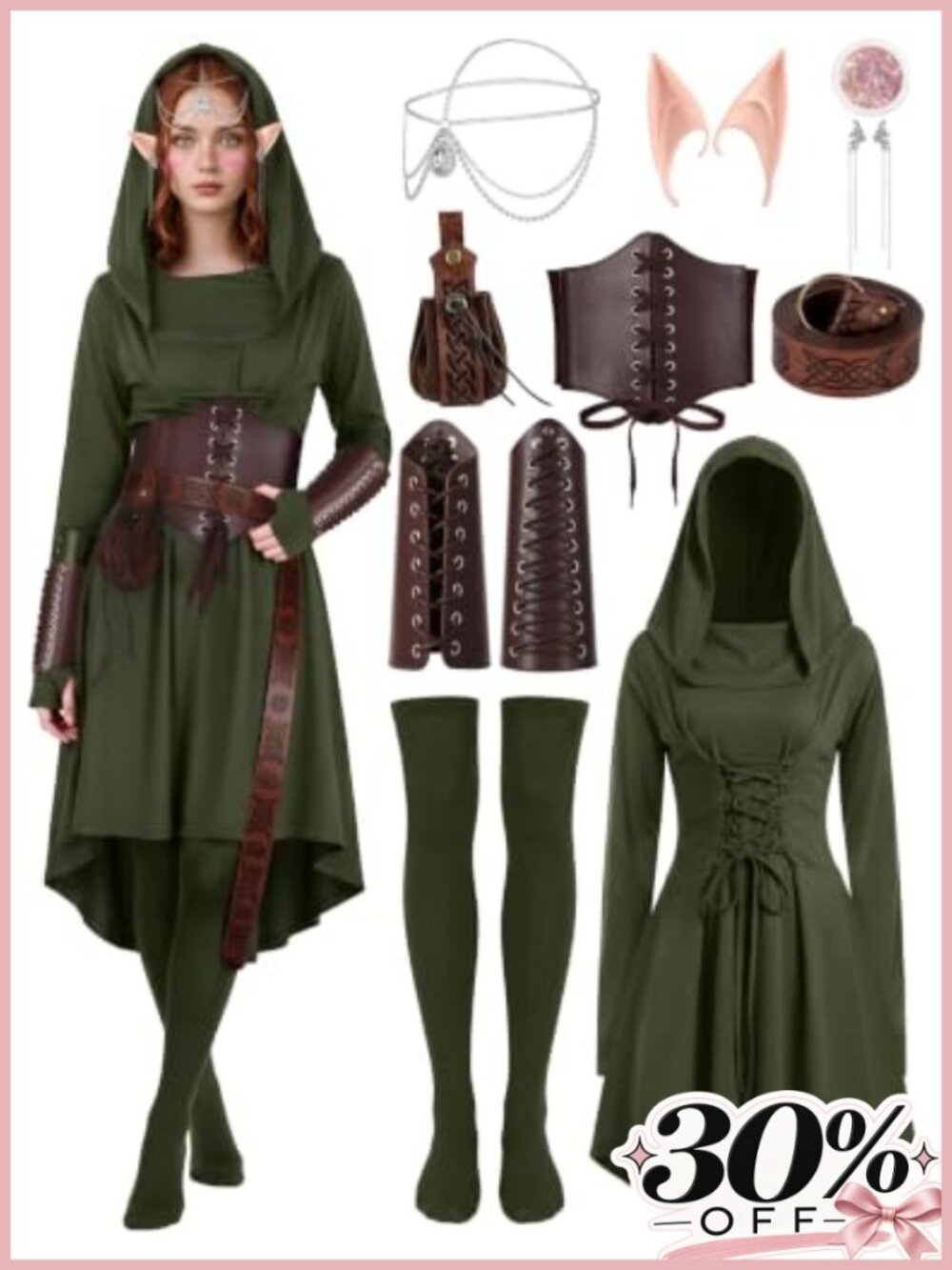 10 Piece Women's Renaissance Elf Costume Dress with Corset Belt Halloween
